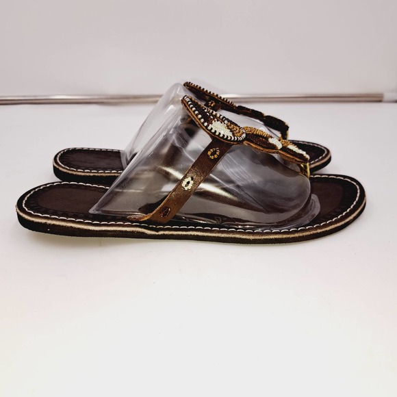 Chocolate Brown Boho Handbeaded leather flip flop flat sandals EU 37 US 6.5 9" L - Picture 2 of 8